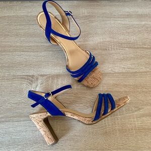 TALBOTS Bright Blue Suede Ankle Strap Cork Sandal Heels New